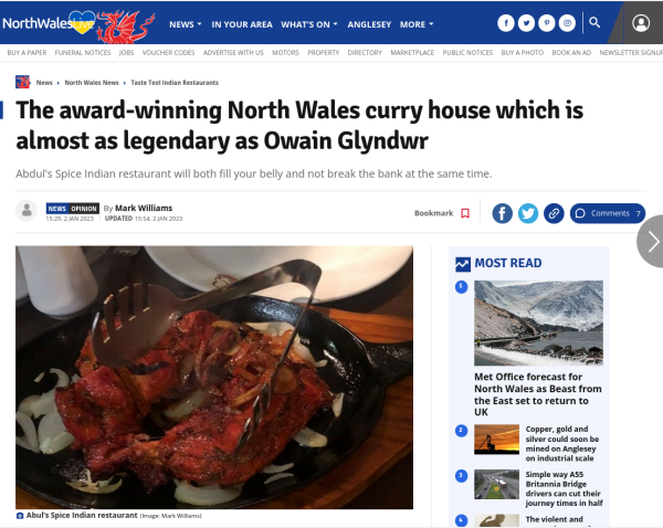 Headline reads The award-winning North Wales curry house which is almost as legendary as Owain Glyndwr
