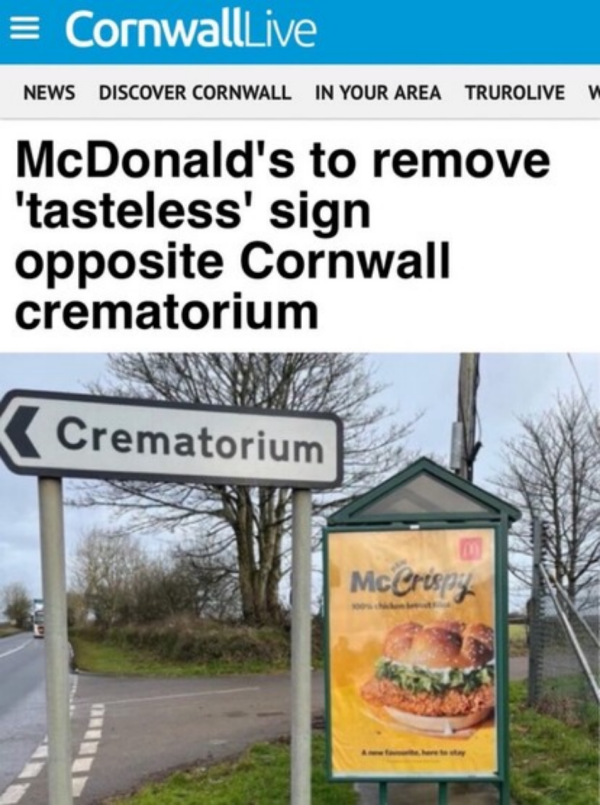 McDonald's to remove 'tasteless' sign opposite Cornwall crematorium