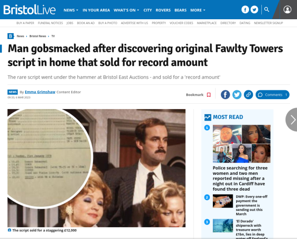 Headline reads Man gobsmacked after discovering original Fawlty Towers script in home that sold for record amount