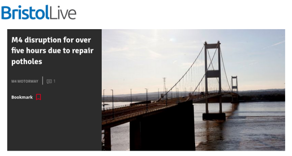 Headline reads M4 disruption for over 5 hours due to repair potholes [sic]
