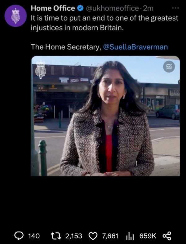 Tweet reads It is time to put an end to one of the greatest injustices in modern Britain. The Home Secretary, @SuellaBraverman