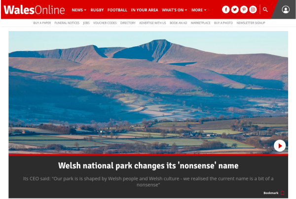 Headline reads Welsh national park changes its nonsense name