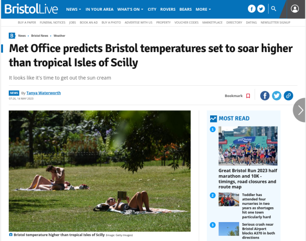 Met Office predicts Bristol temperatures set to soar higher than tropical Isles of Scilly