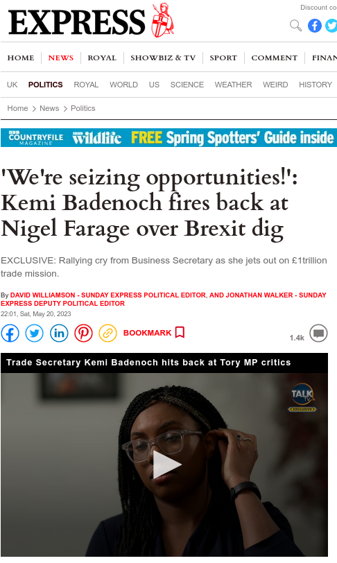 Headline - We're seizing opportunities. Kemi Badenoch fires back at Nigel Farage over Brexit dig