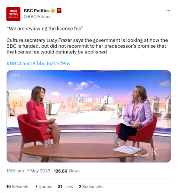 Tweet reads “We are reviewing the license fee” Culture secretary Lucy Frazer says the government is looking at how the BBC is funded, but did not recommit to her predecessor’s promise that the license fee would definitely be abolished.