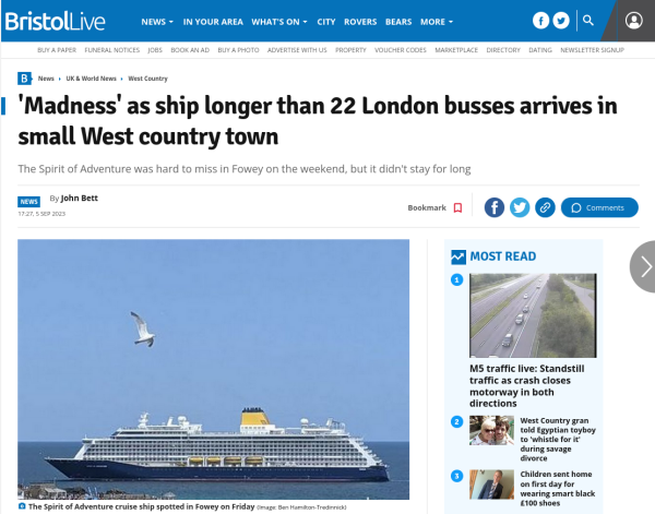 Headline - 'Madness' as ship longer than 22 London busses arrives in small West country town
