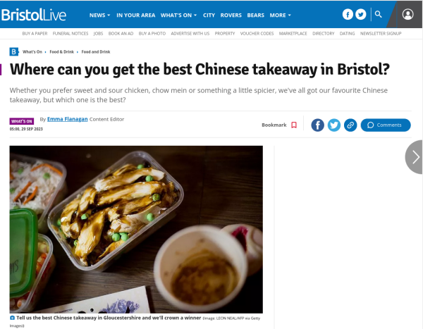 Headline reads Where can you get the best Chinese takeaway in Bristol? Photo caption reads Tell us the best Chinese takeaway in Gloucestershire and we'll crown a winner