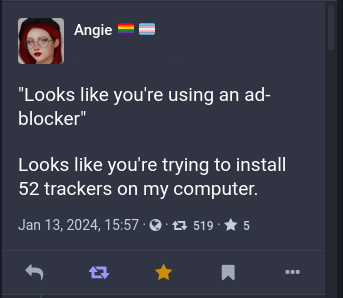Looks like you're using an ad-blocker. Looks like you're trying to install 52 trackers on my computer.