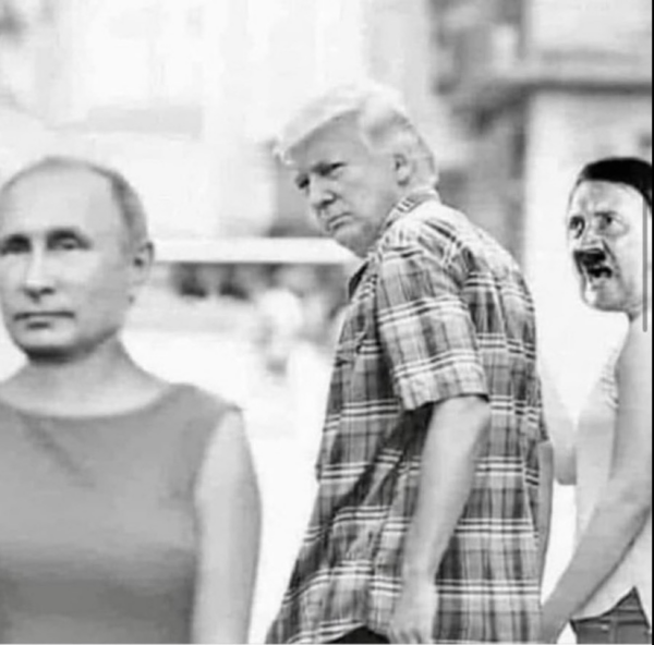 Donald Trump, holding hands with Adolf Hitler, distracted by Vladimir Vladimirovich Putin