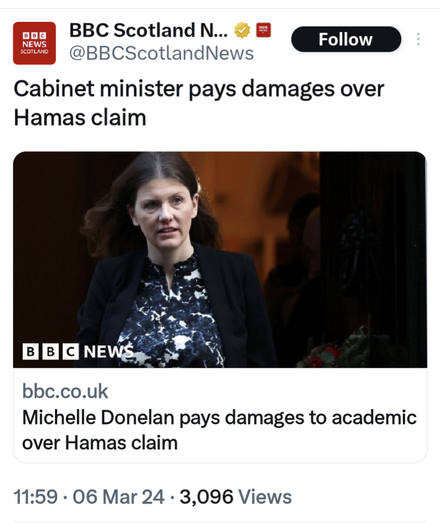 Headline reads Cabinet minister pays damages over Hamas claim