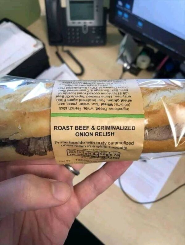 Ingredients list for a roast beef and criminalized red onion relish roll