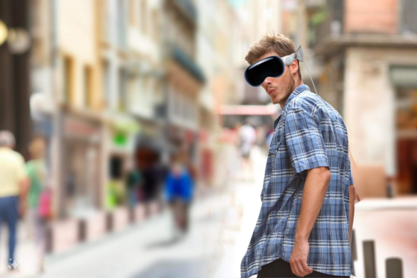 Boyfriend wearing VR headset turns around to admire a passing someone