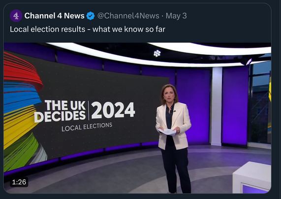 Post reads Local election results - what we know so far. Below is a screenshot of a video showing a backdrop with the words The UK decides - 2024 Local Elections