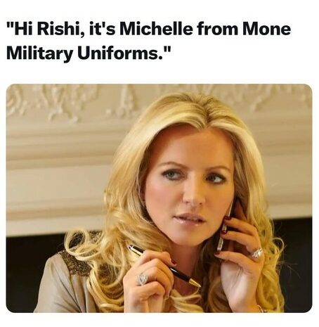 Photograph of Michelle Mone below the words Hi Rishi. It's Michelle from Mone Military Uniforms.