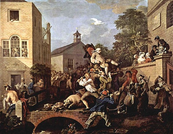 Chairing the Member from William Hogarth's 1755 Humours of an Election series. Image courtesy pf Wikimedia Commons.