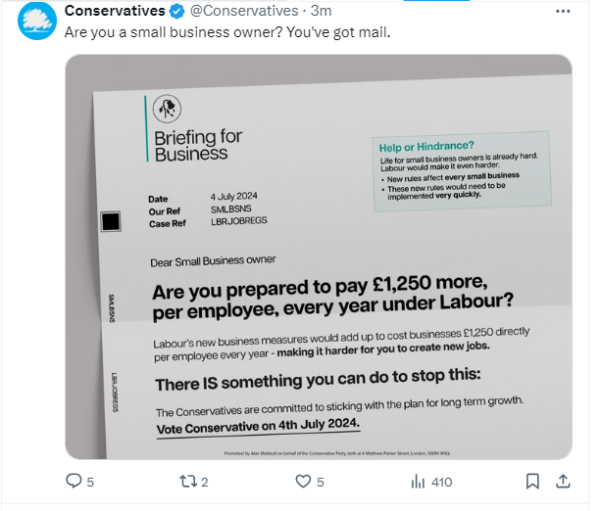 Screenshot of post from Conservatives showing letter to business mimicking fonts, style and colours used by HMRC in correspondence