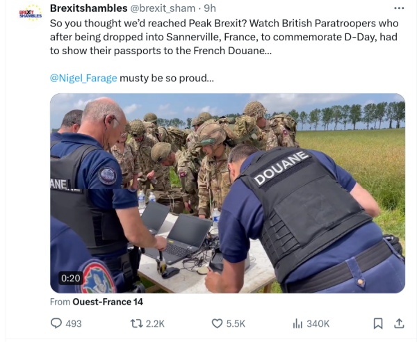 Post reads - So you thought we'd reached Peak Brexit? Watch British Paratroopers who after being dropped into Sannerville, France, to commemorate D-Day, had to show their passports to the French Douane... @Nigel Farage must be so proud