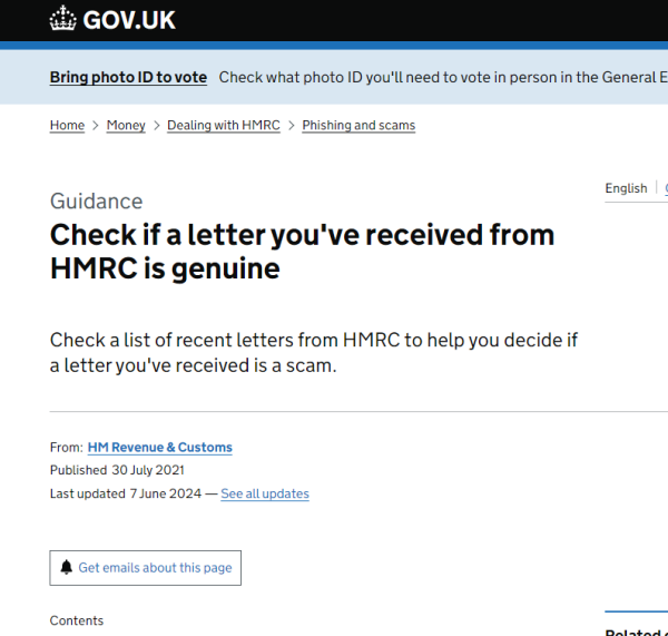 Screenshot of HMRC spot the scam web page 