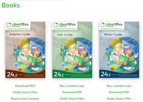 LibreOffice 24.2 guides for Writer, Calc and Impress