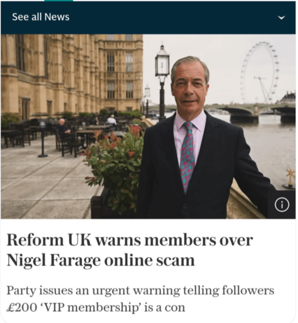 Headline Reform UK warns members over Nigel Farage online scam