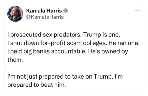 Kamala Harris post I prosecuted sex predators. Trump is one. I shut down for-profit scam colleges. He ran one. I held big banks accountable. He's owned by them. I'm not just prepared to take on Trump, I'm prepared to beat him
