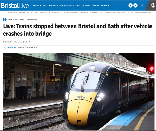 Headline - Live: Trains stopped between Bristol and Bath after vehicle crashes into bridge