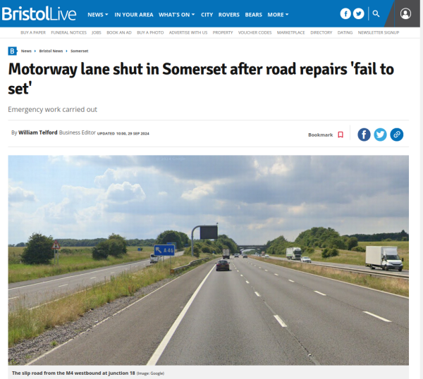 Headline reads Motorway lane shut in Somerset after road repairs 'fail to set'