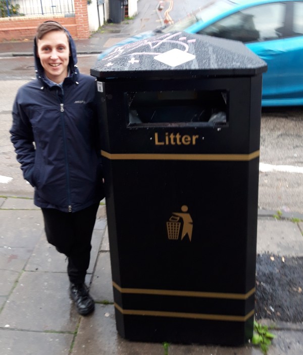 Cllr. Jenny Bartle and a litter bin at the junction of Stapleton Road and Oxford Place, Bristol.