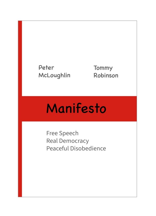 Cover of Manifesto written by Peter McLoughlin with interference from Stephen Yaxley-Lennon 