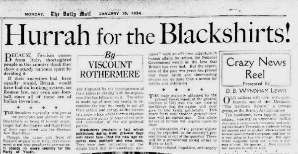 Daily Mail from 15th January 1934 with headline Hurrah for the Blackshirts written by Lord Rothermere