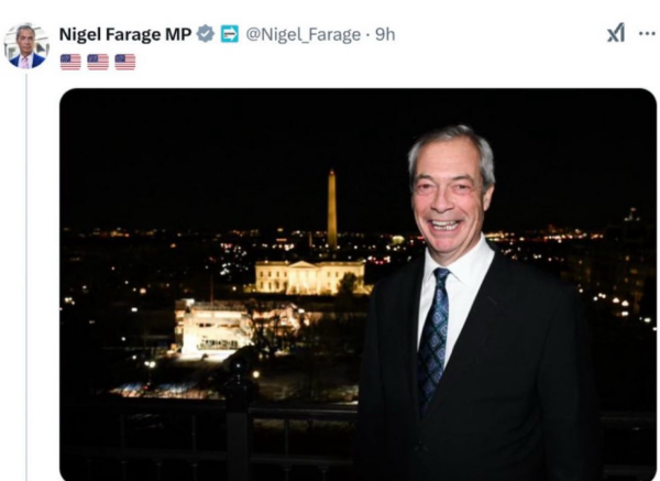 A grinning Nigel Farage against the background of Washington DC at night