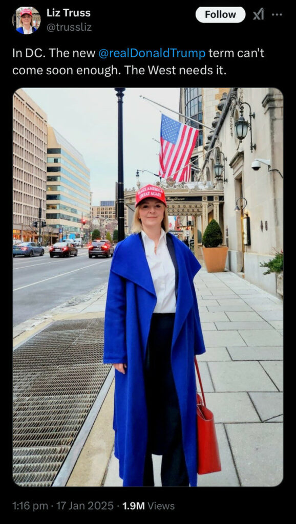 Post reads In DC. The new @realDonaldTrump term can't come soon enough asbove a picture of Truss dressed in red, white and blue and wearing a MAGA baseball cap