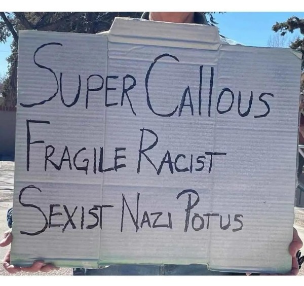 Cardboard sign bearing the handwritten slogan Super Callous Fragile Racist Sexist Nazi Potus