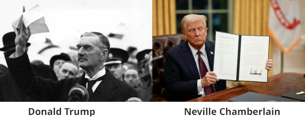 Private Eye style lookalike with Neville Chamberlain and the felon known as Donald Trump