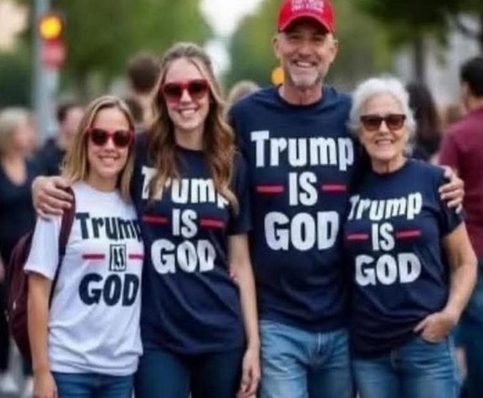 A group of four people all wearing t-shirts bearing the wording Trump is God