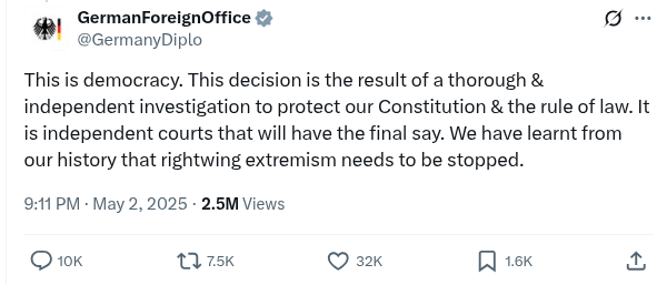 Post reads This is democracy. This decision is the result of a thorough and independent investigation to protect our Constitutionand the rule of law. It is independent courts that will have the final say. We have learnt from our history that rightwing extremism needs to be stopped.