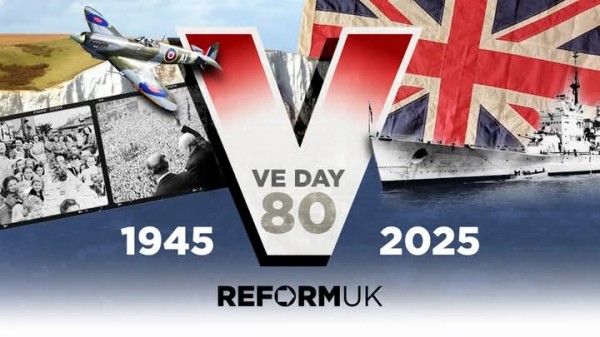 Image from Reform UK VE Day post with Spitfire on right and HMS Vanguard on the left.