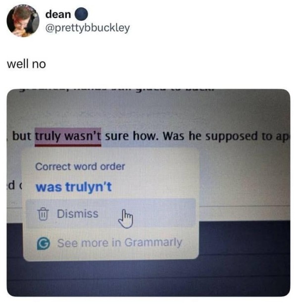 Social media post by @prettybbuckley reading well no over an image featuring the text but truly wasn’t sure how., which Grammarly AI has suggested should be corrected to was trulyn't [sic]