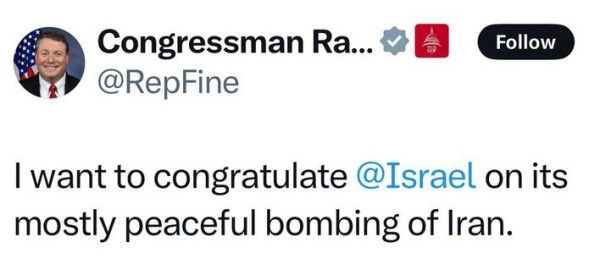 I want to congratulate @Israel on its mostly peaceful bombing of Iran.