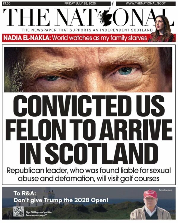 Front page of today's The National featuring a photo of Trump's eyes above the headline Convicted US felon to arrive in Scotland and the byline Republican leader, who was found liable for sexual abuse and defamation, will visit golf courses