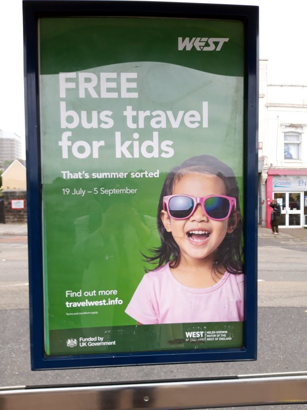 WECA bus stop poster advertising free summer bus travel for children