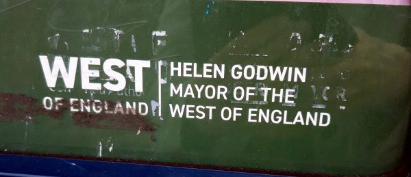 Close-up of bottom-right corner of poster which bears the wording West England [sic] Helen Godwin Mayor of the west of England