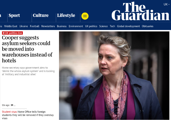 Headline - Cooper suggests asylum seekers could be moved into warehouses instead of  hotels