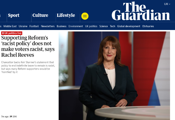 Screenshot of Guardian website showing a photo of Chancellor Rachel Reeves next to the caption 'Supporting Reform's 'racist policy' does not make voters racist, says Rachel Reeves