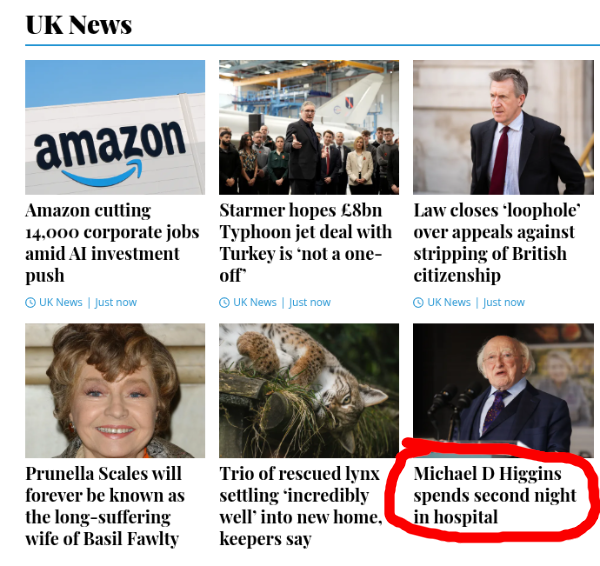Screenshot of UK News section of Shropshire Star website with, circled in red, the headline Michael D Higgins spends second night in hospital.