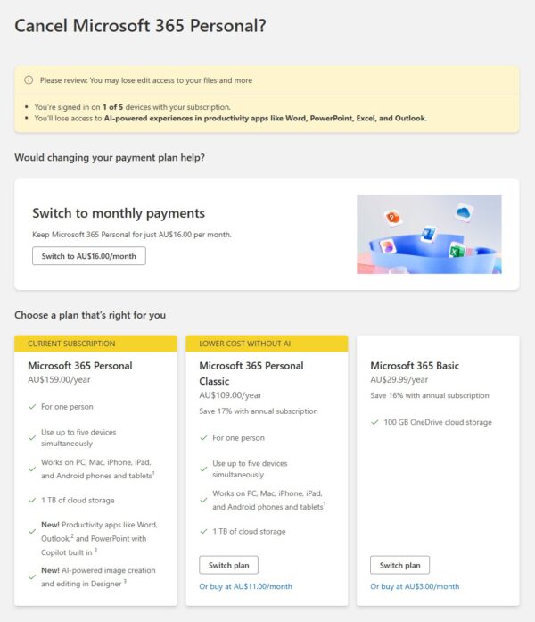 MS cancel subscription screenshot