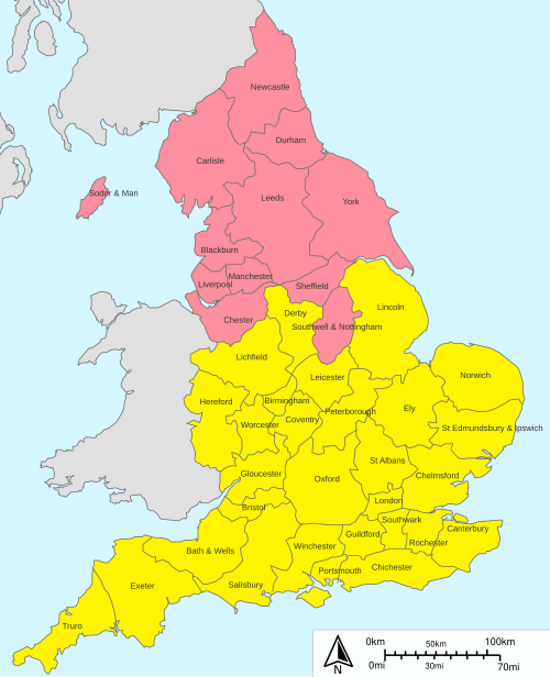 Provinces of the Church of England. York in pink, Canterbury in yellow. Image courtesy of Wikimedia Commons