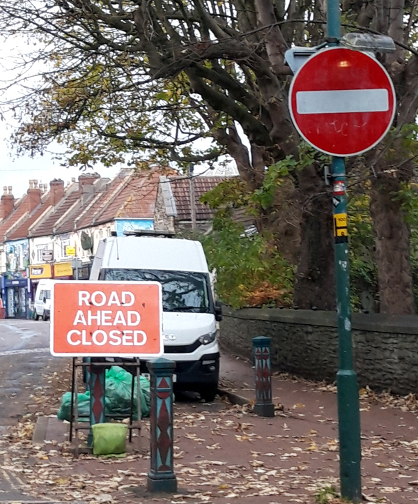 Junction of St Mark's Road and High Street whowing No Entry sign plus Road Ahead Closed sign.