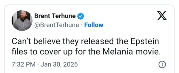 Post reads Can't believe they released the Epstein files to cover up for the Melania movie.
