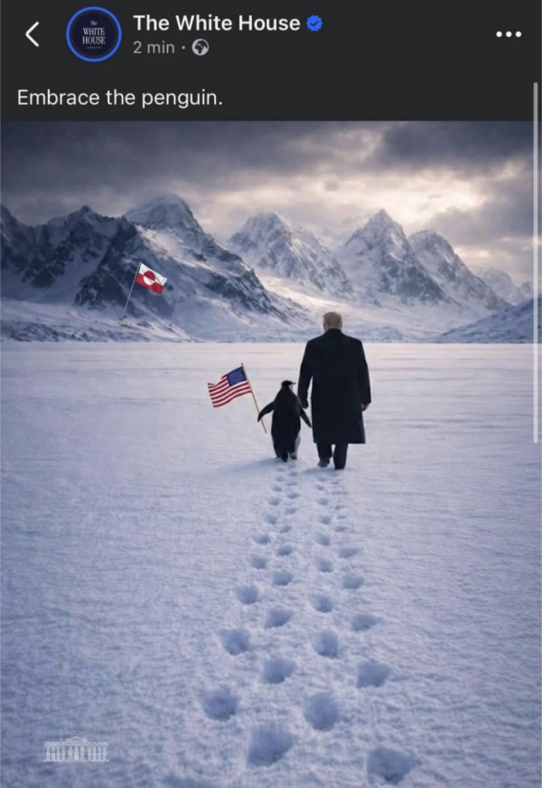 Under the caption embrace the penguin' a penguin carrying a US flag walks hand in hand with Donald Trump across a snowy mountainous landscape with a red and white Greenland flag on the left flank of the mountains